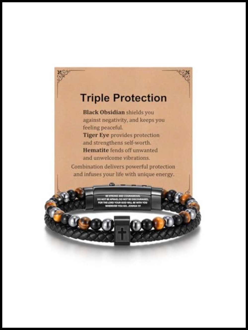 Genuine Leather Hematite Tiger Eye Cross Bracelet Men
